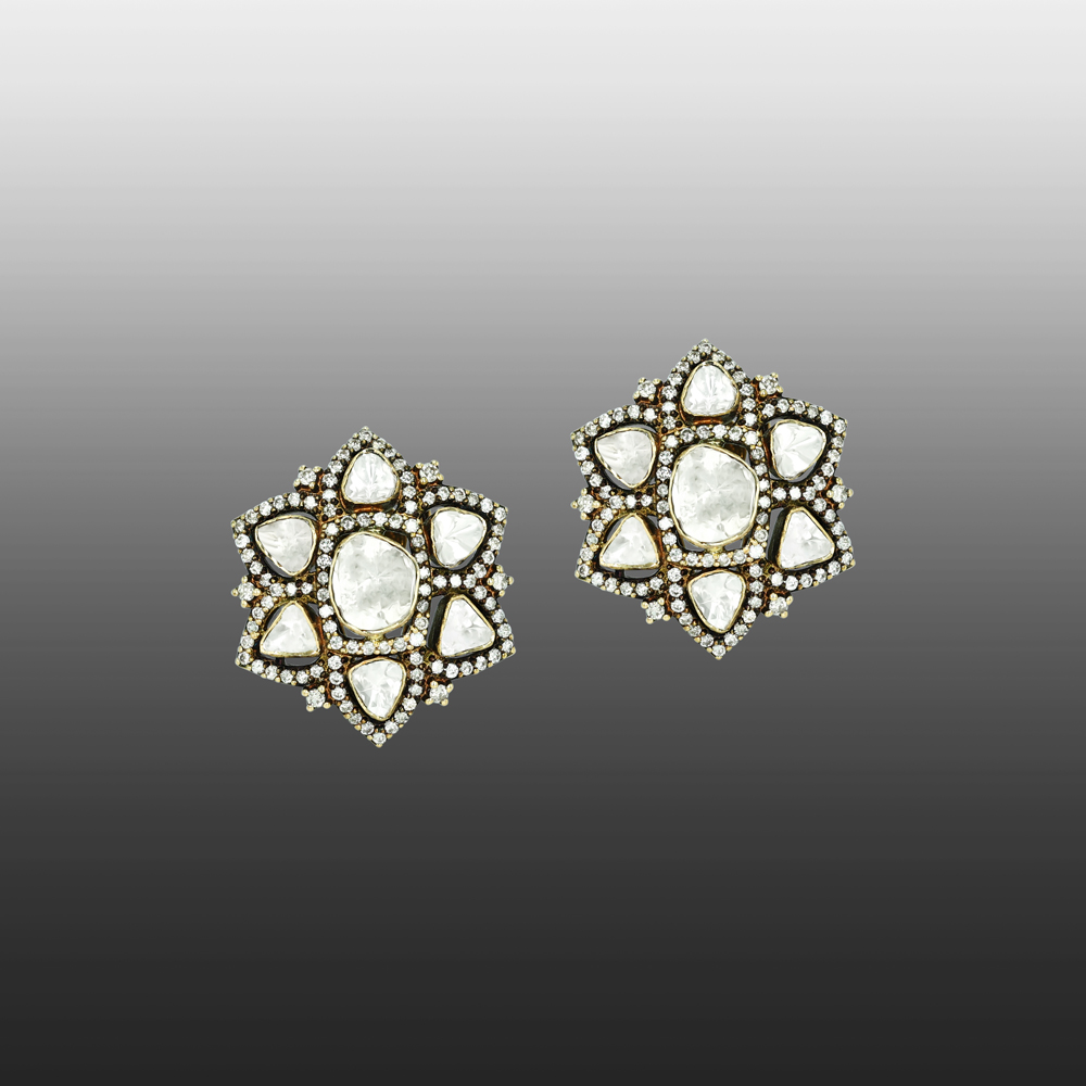 Antique-Finish Polki Floral Earrings